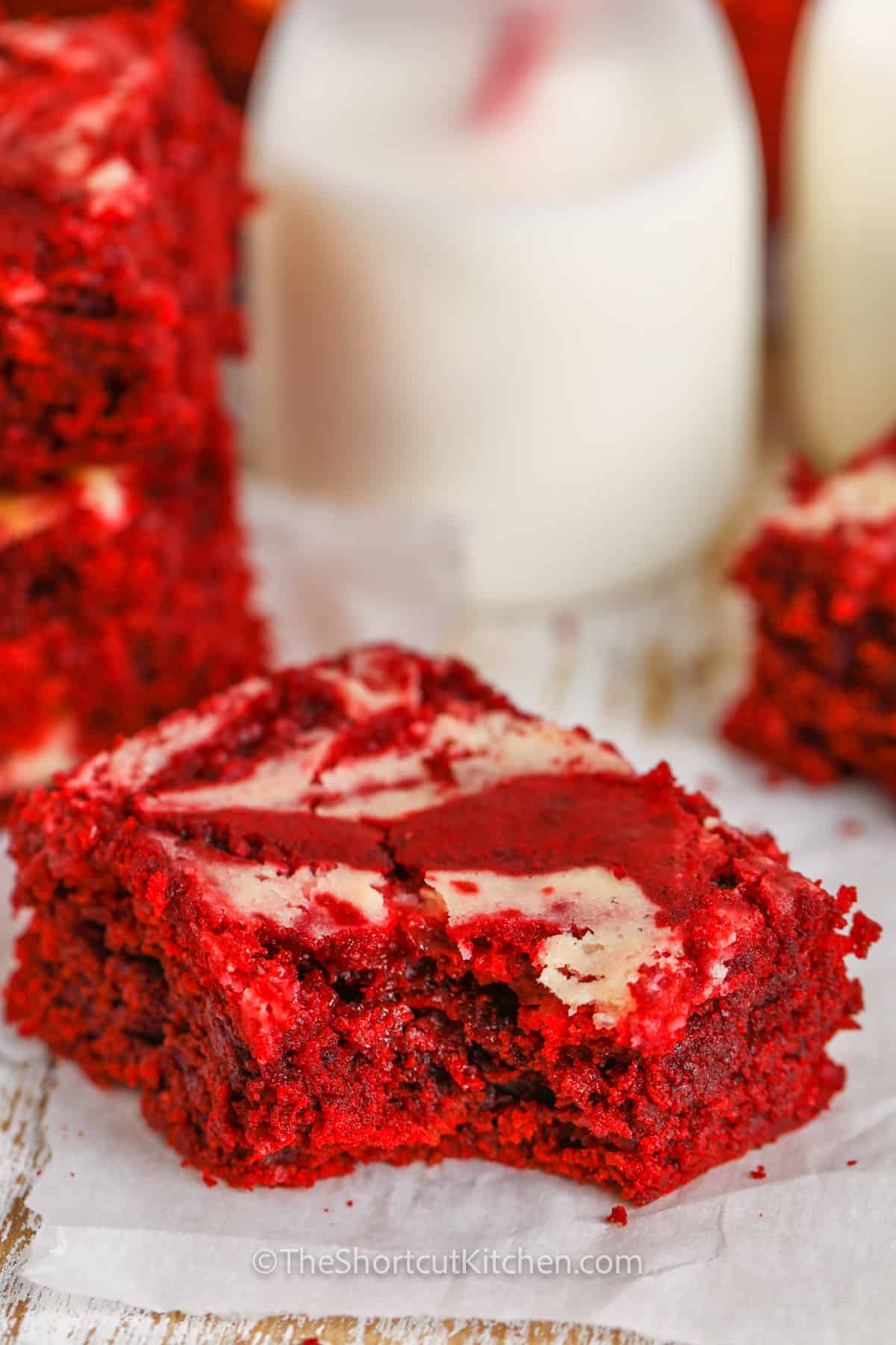 A red velvet brownies with a bite out of it