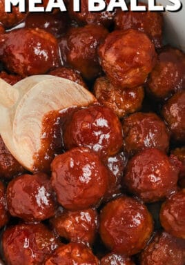 close up of Crock Pot Jelly Meatballs with writing