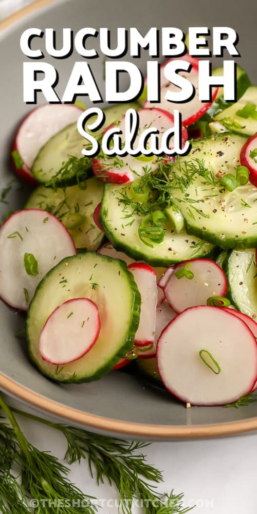 cucumber radish salad in a bowl with text