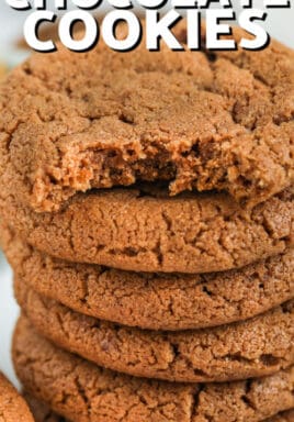 stack of Easy Chocolate Peanut Butter Cookies with writing