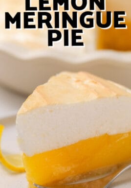 A serving of lemon meringue pie with a title