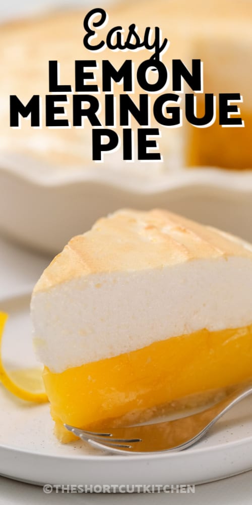 A serving of lemon meringue pie with a title
