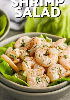Shrimp salad in a bowl with a title