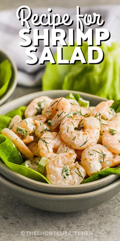 Shrimp salad in a bowl with a title