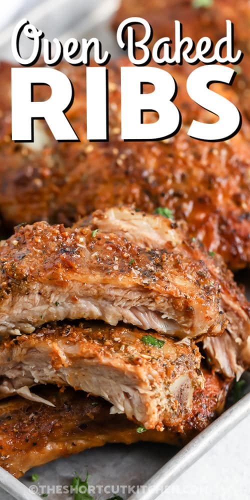 sliced oven baked ribs with text