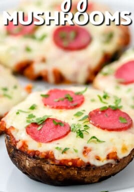 Pizza Mushrooms on a plate with writing