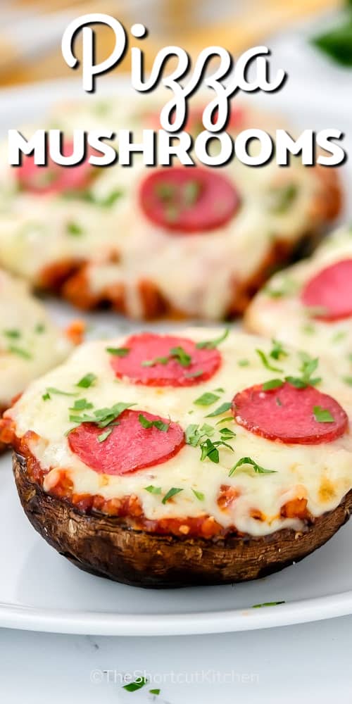 Pizza Mushrooms on a plate with writing