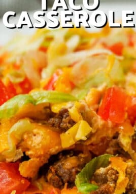 Close up of a serving of taco casserole with a title