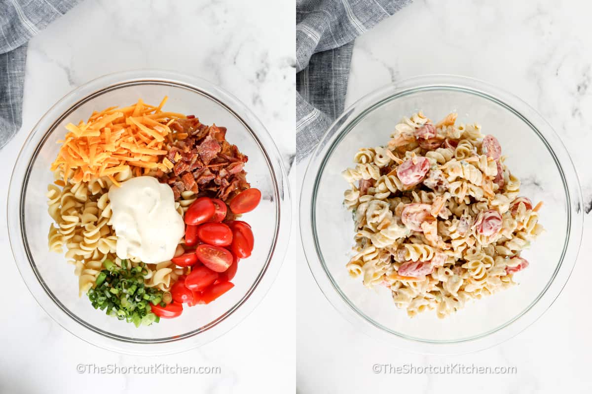 Process to make Bacon Ranch Pasta Salad in a clear mixing bowl
