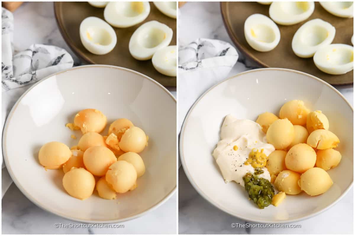 Egg yolks and remaining Classic Deviled Eggs filling ingredients in a mixing bowl