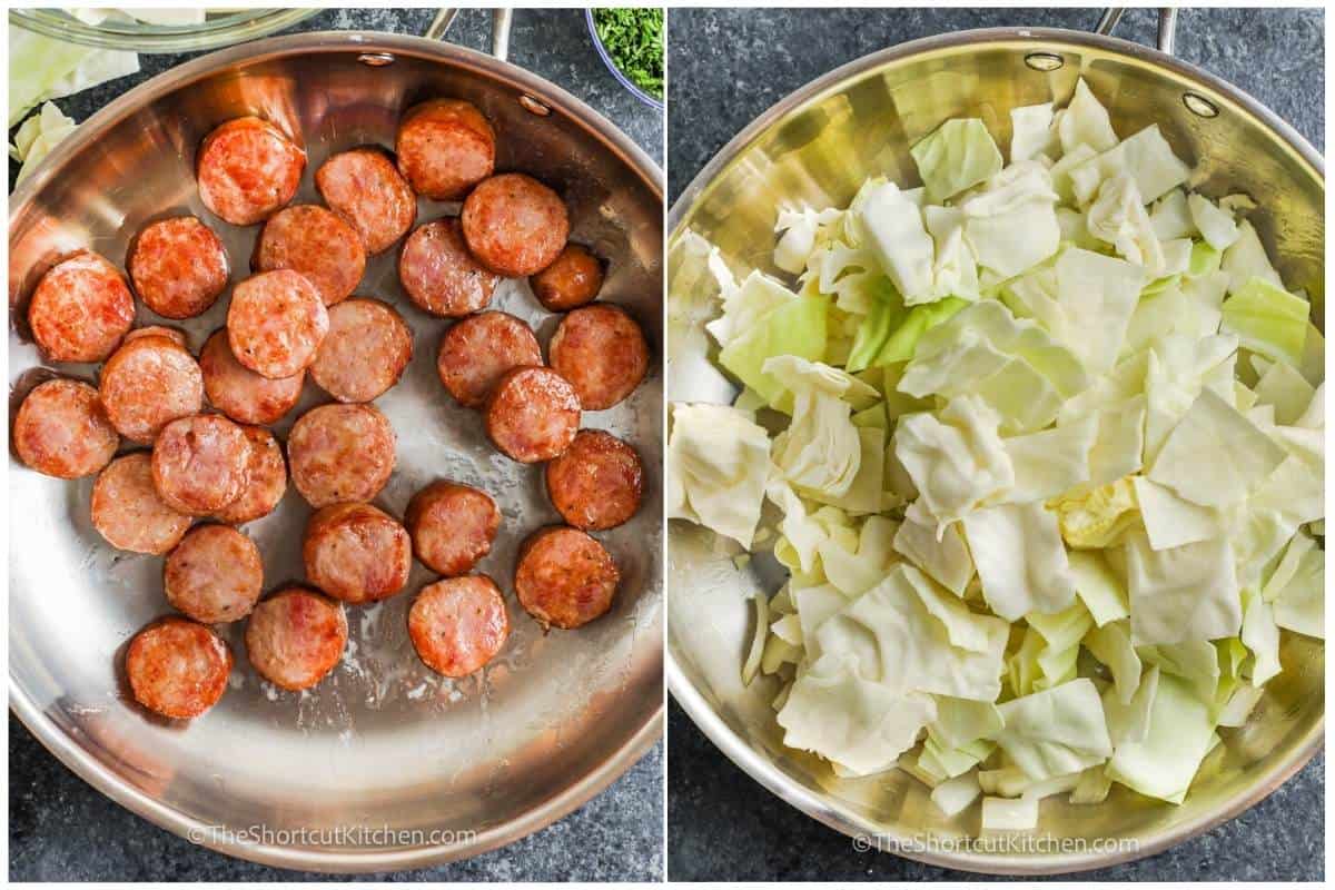 cooking ingredients to make Fried Cabbage and Sausage