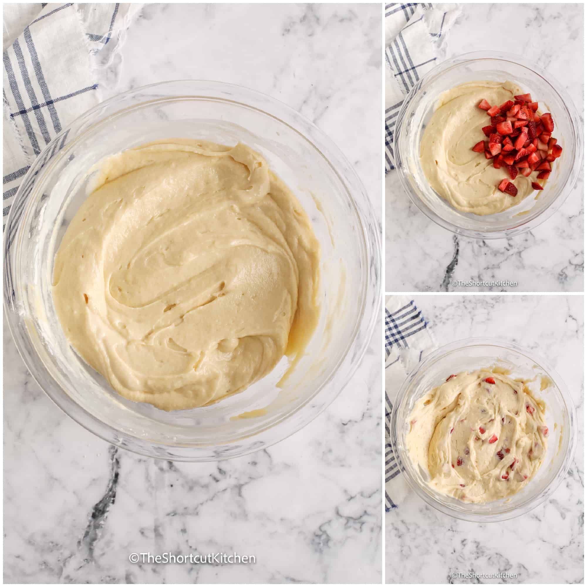 process of mixing strawberries into batter