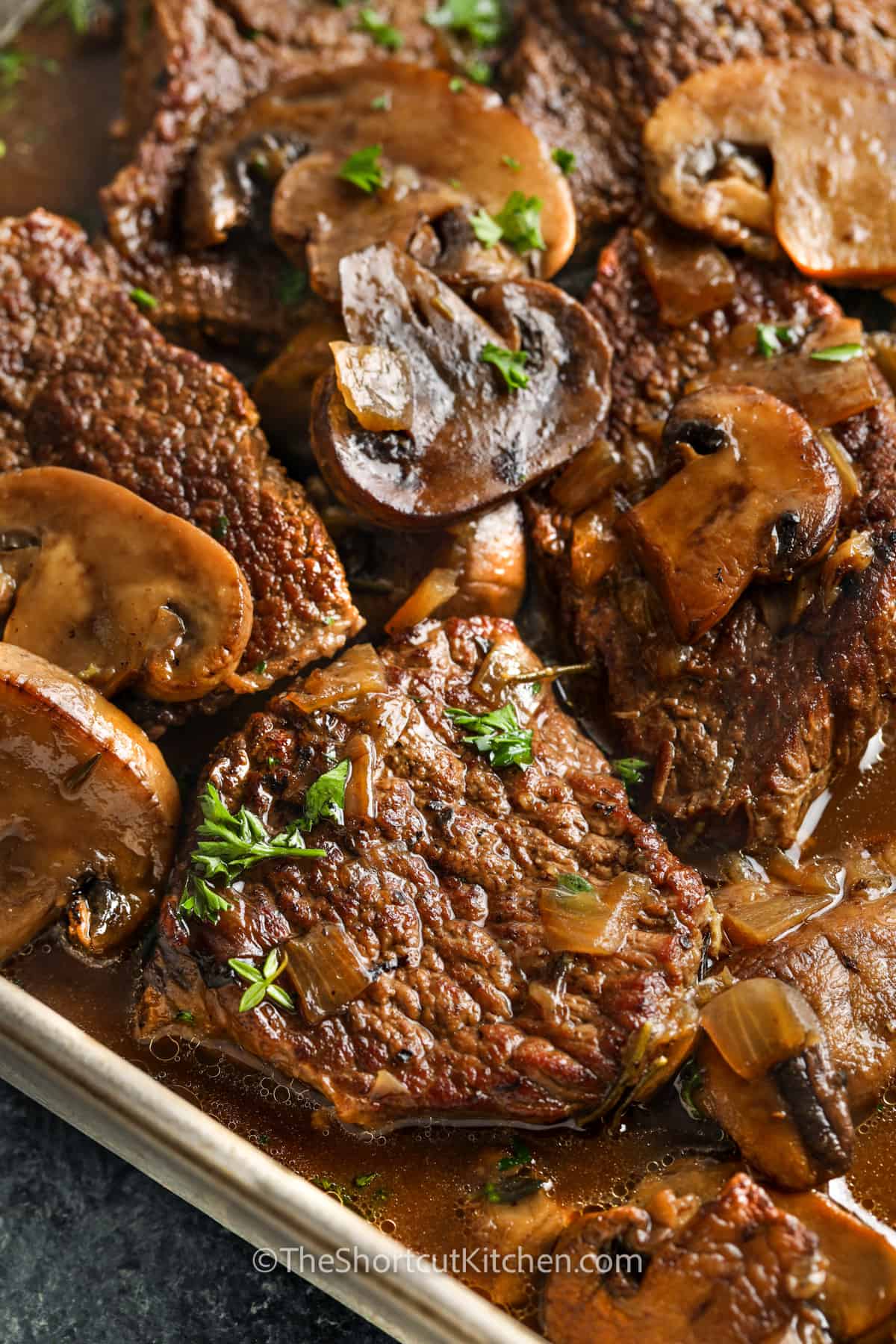 close up of cooked Braised Steak And Mushrooms