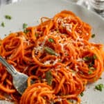 brown butter sweet potato noodles in a pan
