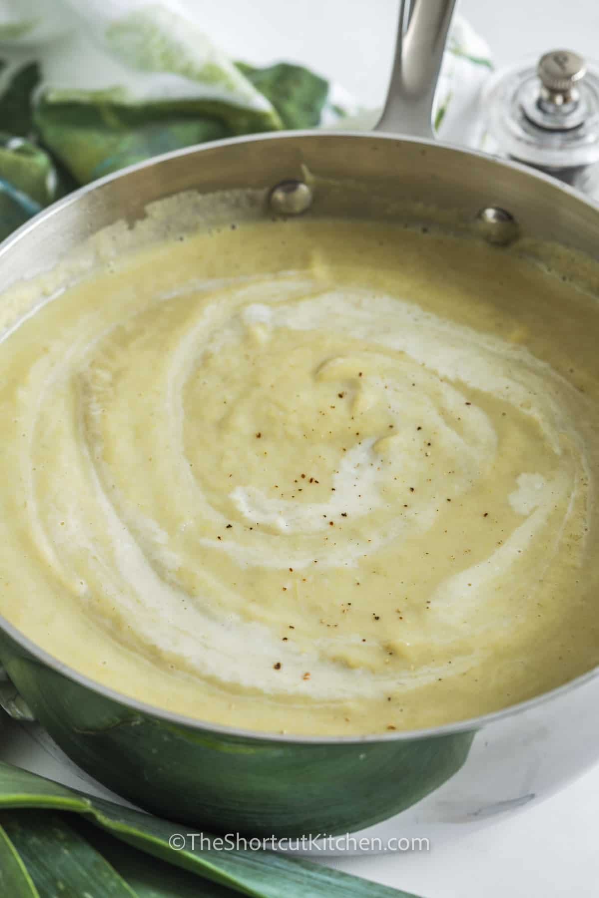 close up of Cauliflower Leek Soup in the pot