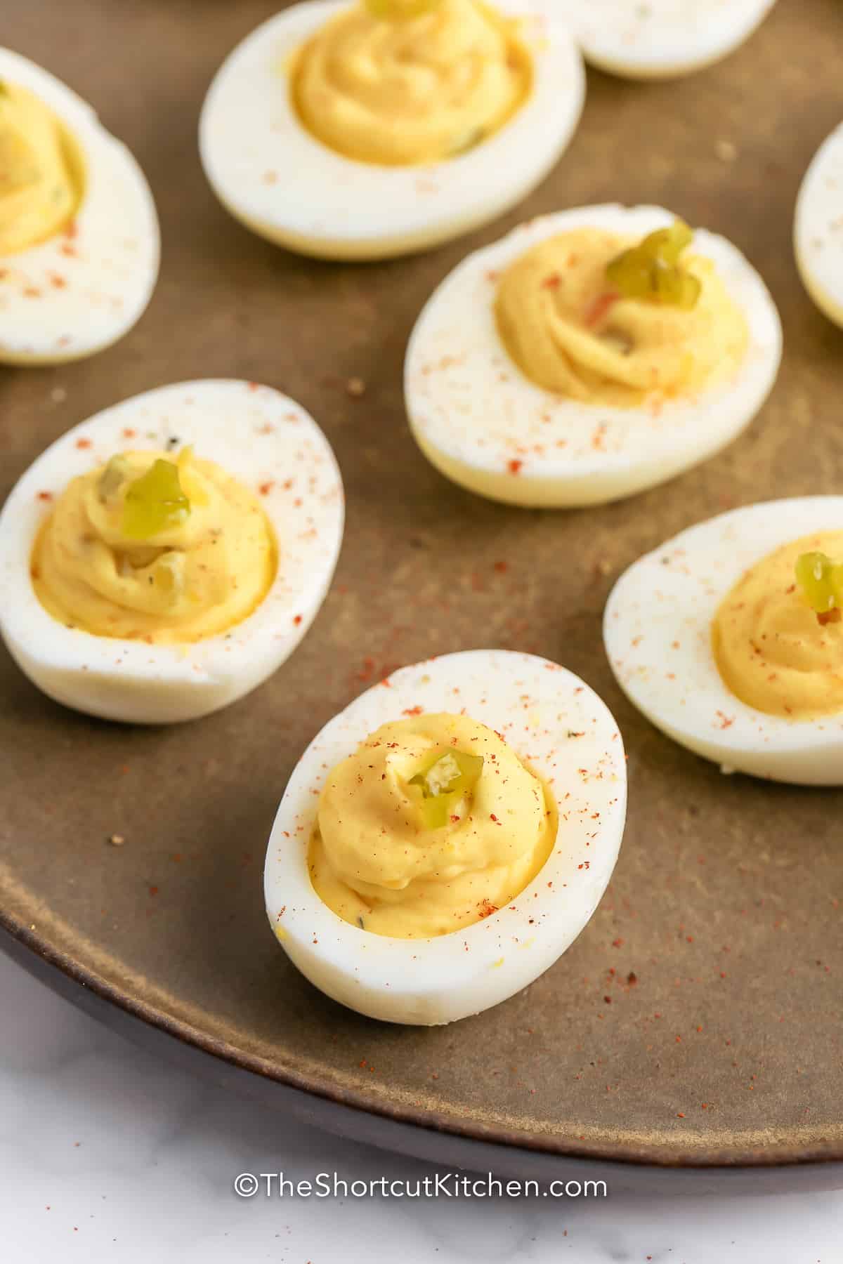 close up of deviled eggs