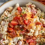 bacon ranch pasta salad in a bowl