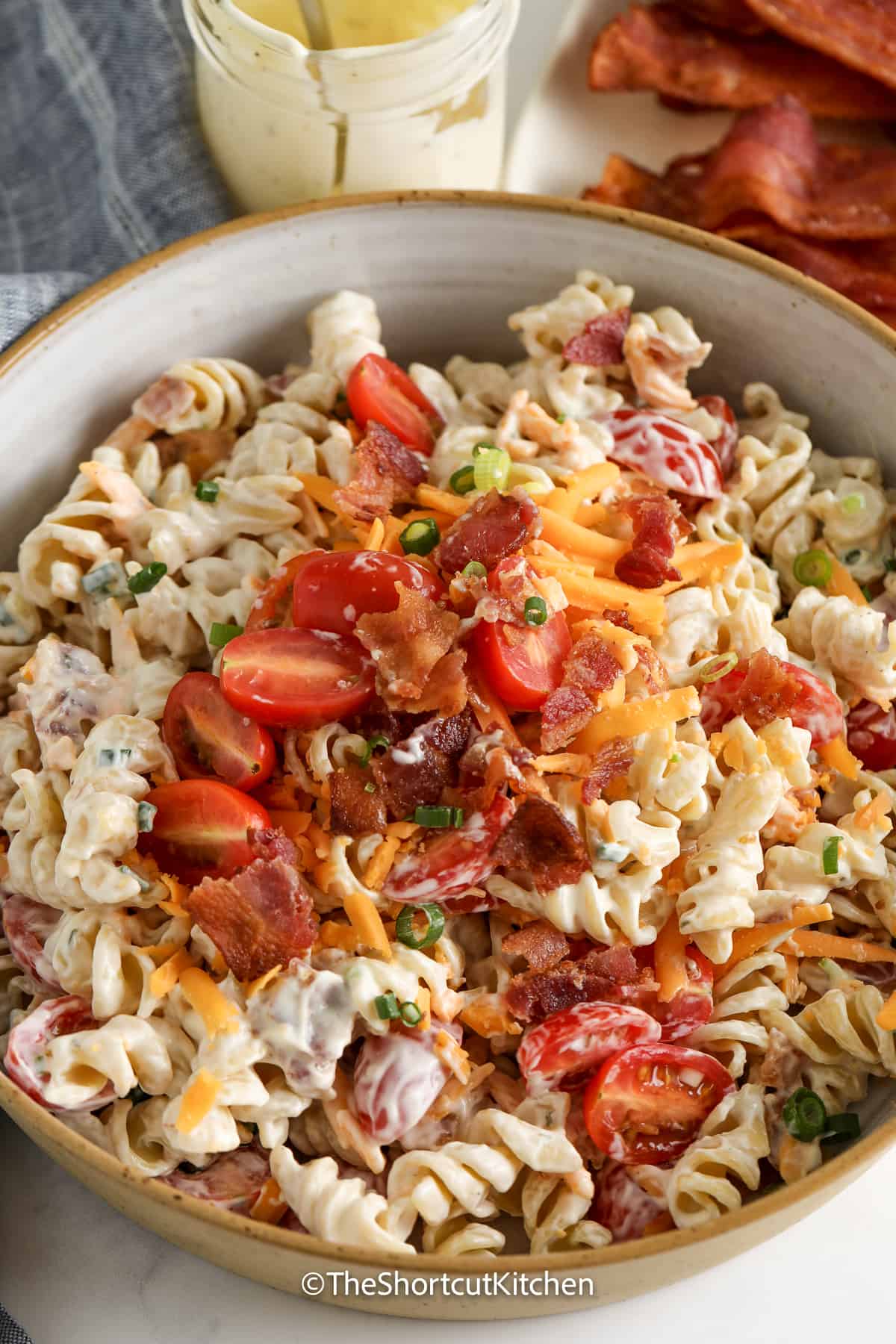 bacon ranch pasta salad in a bowl