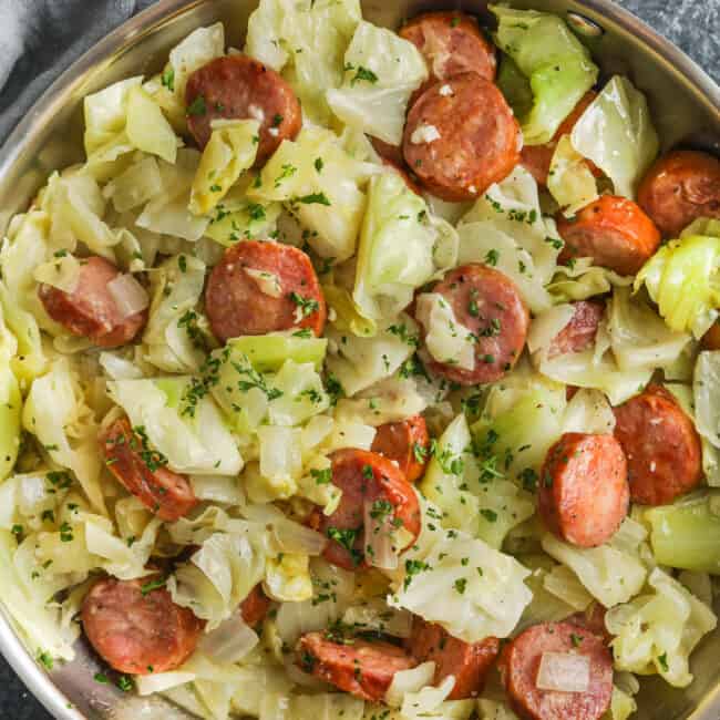 close up of cooked Fried Cabbage and Sausage