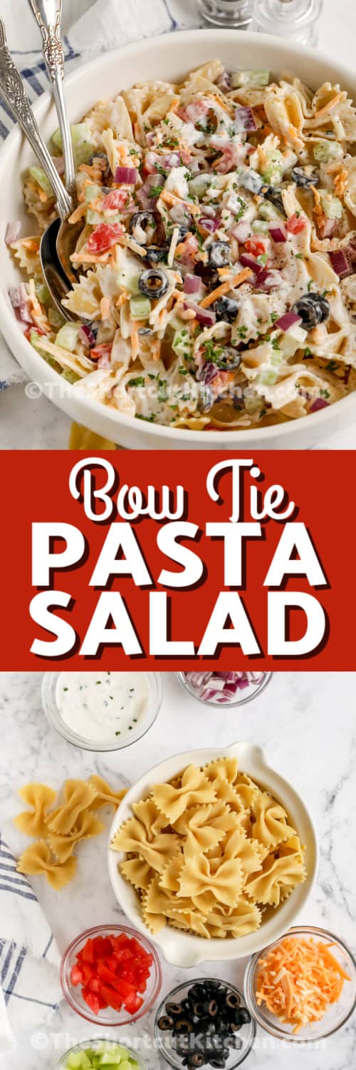 bow tie pasta salad and ingredients with text