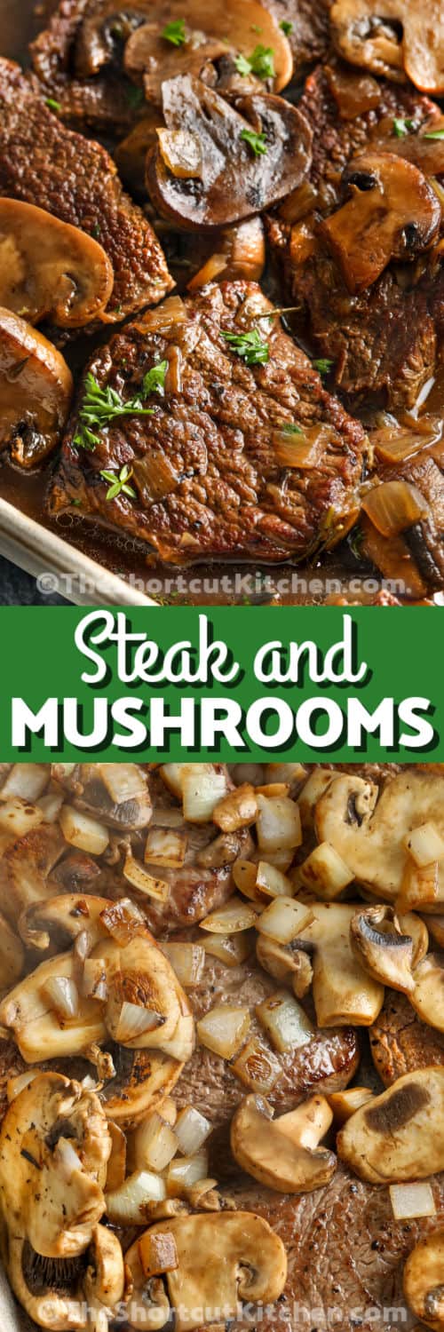 close up of Braised Steak And Mushrooms before and after cooking with writing
