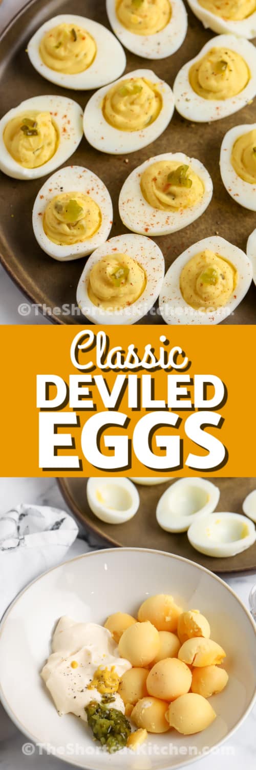 deviled eggs and ingredients with text