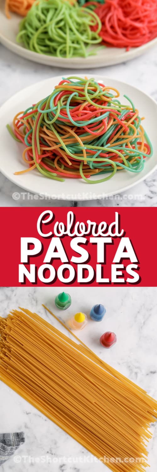 coloured spaghetti noodles and uncooked spaghetti noodles with text