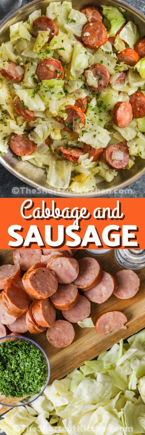 ingredients to make Fried Cabbage and Sausage with plated dish and writing