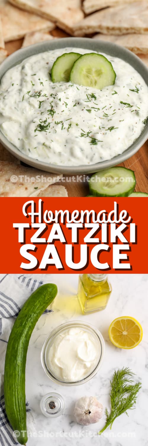 homemade tzatziki sauce and ingredients with text