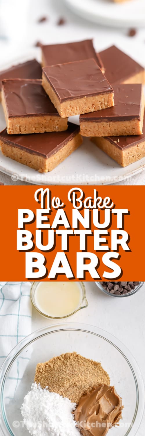 peanut butter bars on a plate and ingredients with text