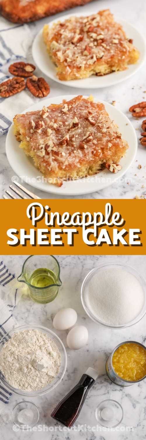 pineapple sheet cake and ingredients with text