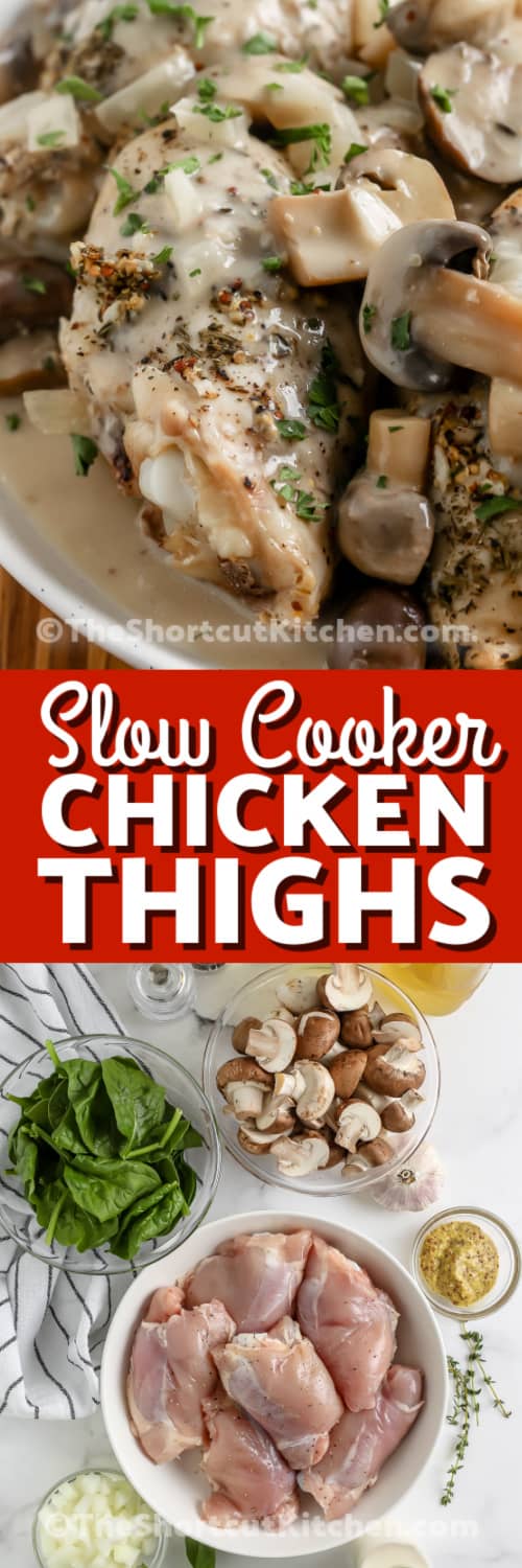 slow cooker chicken thighs and ingredients with text