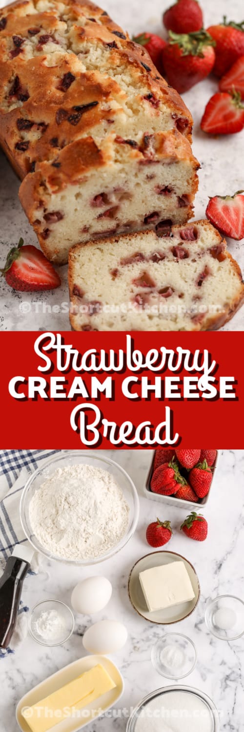 strawberry cream cheese cake and ingredients with text