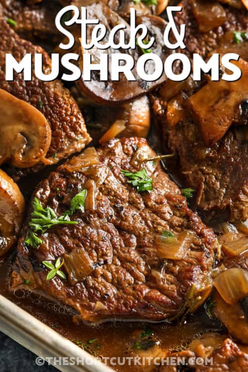 plated Braised Steak And Mushrooms with a title