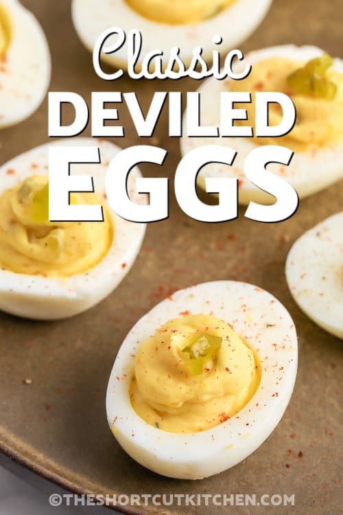 close up of deviled eggs with text