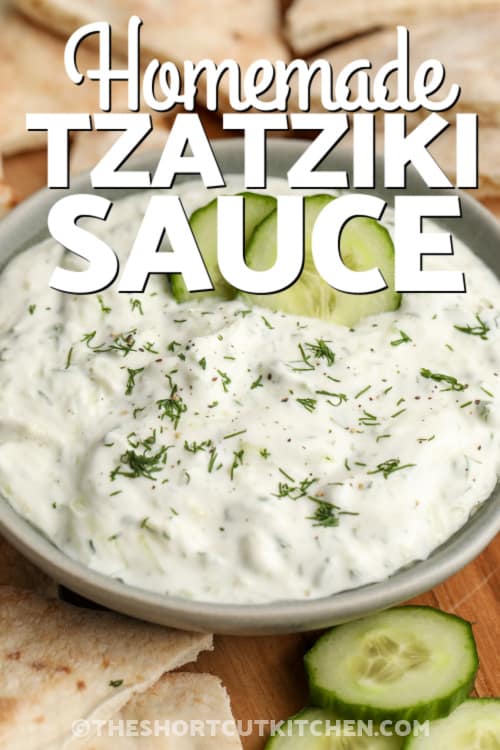 homemade tzatziki sauce with text