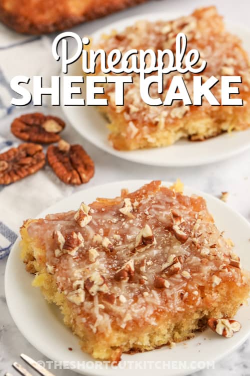 pineapple sheet cake on a plate with text