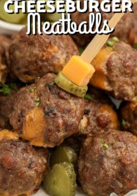 bacon cheeseburger meatballs on a plate with text