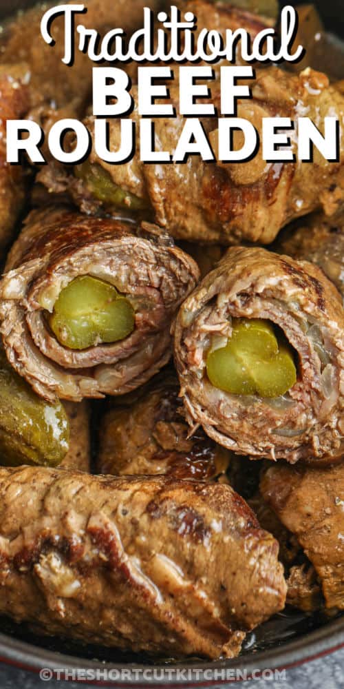 close up of cooked Beef Rouladen in the pan with writing