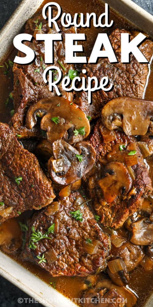 plated Braised Steak And Mushrooms with writing