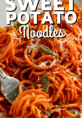 brown butter sweet potato noodles on a plate with text