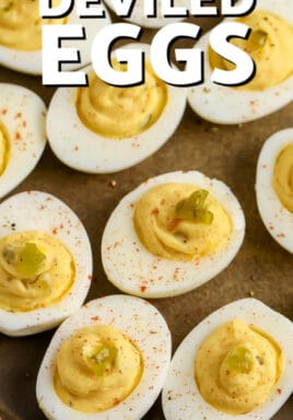 deviled eggs on a tray with text