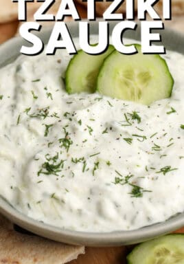 homemade tzatziki sauce and cucumber slices with text