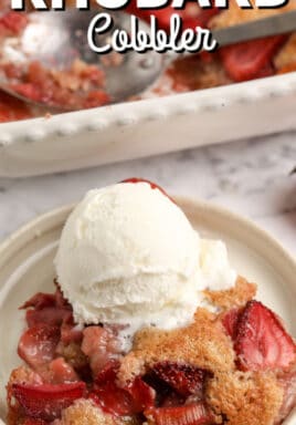 strawberry rhubarb cobbler with text