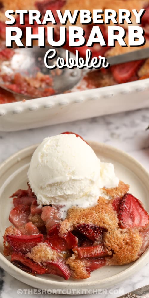 strawberry rhubarb cobbler with text