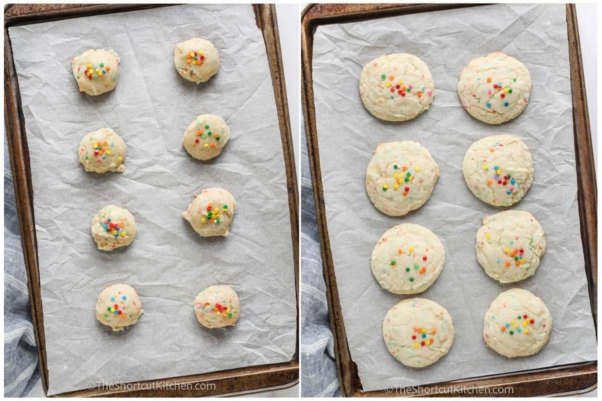 Funfetti Cake Mix Cookies before and after baking