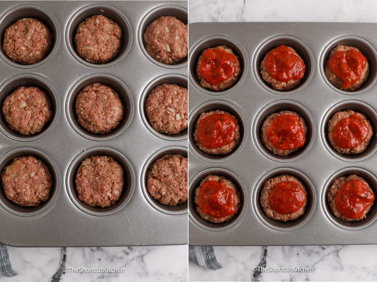 process of layering mini meatloafs and sauce in muffin tin
