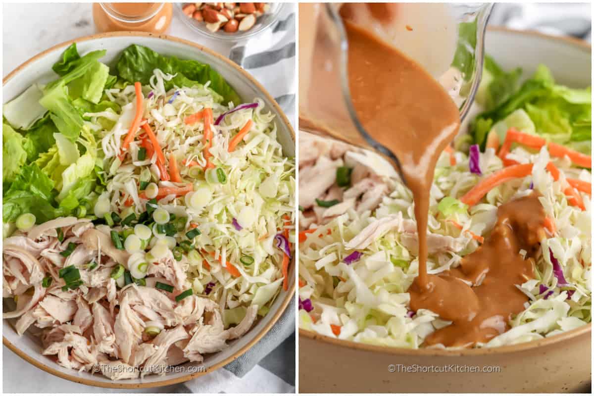 asian chicken salad recipe in a bowl, and the dressing pouring over the salad.