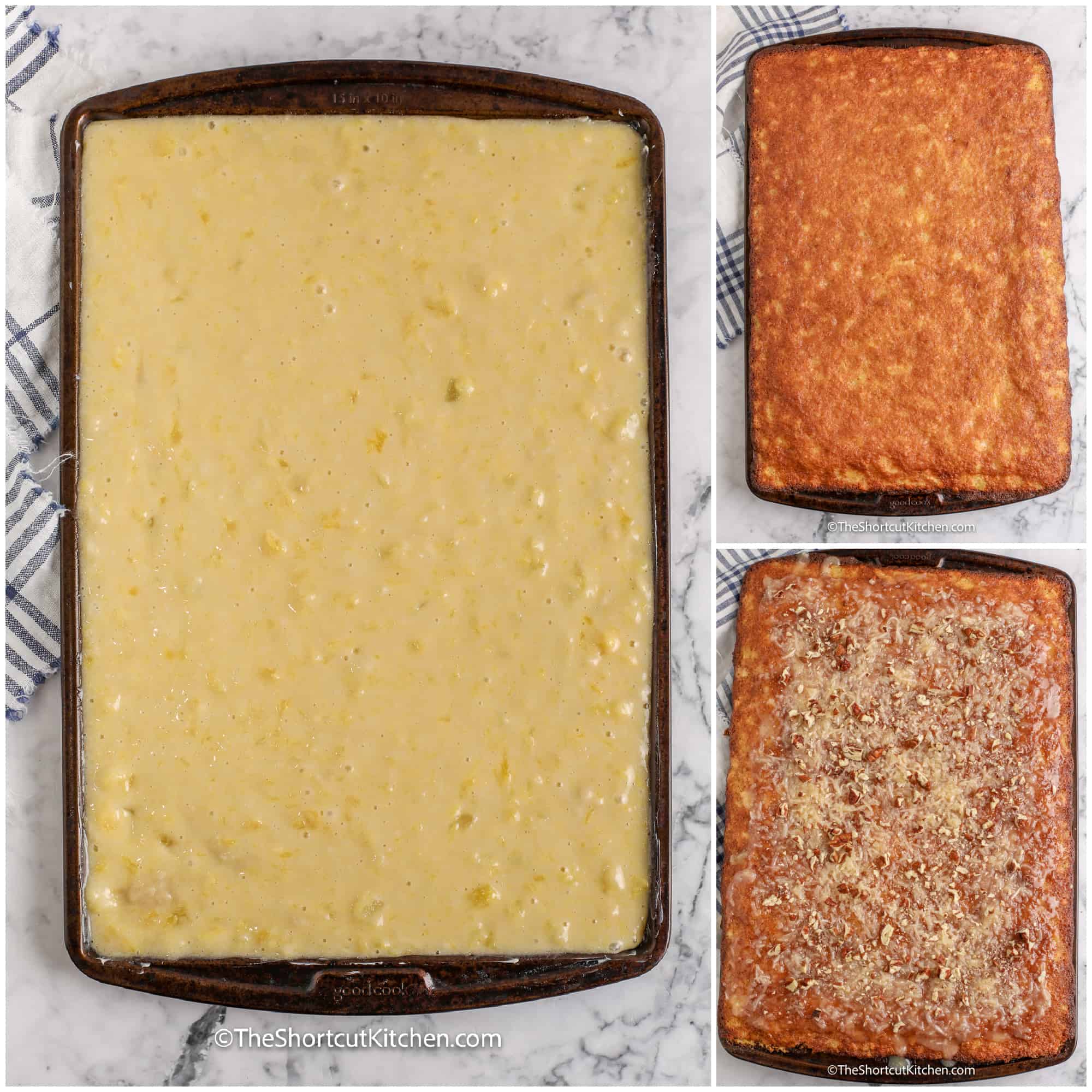 three photos showing the process of baking pineapple sheet cake