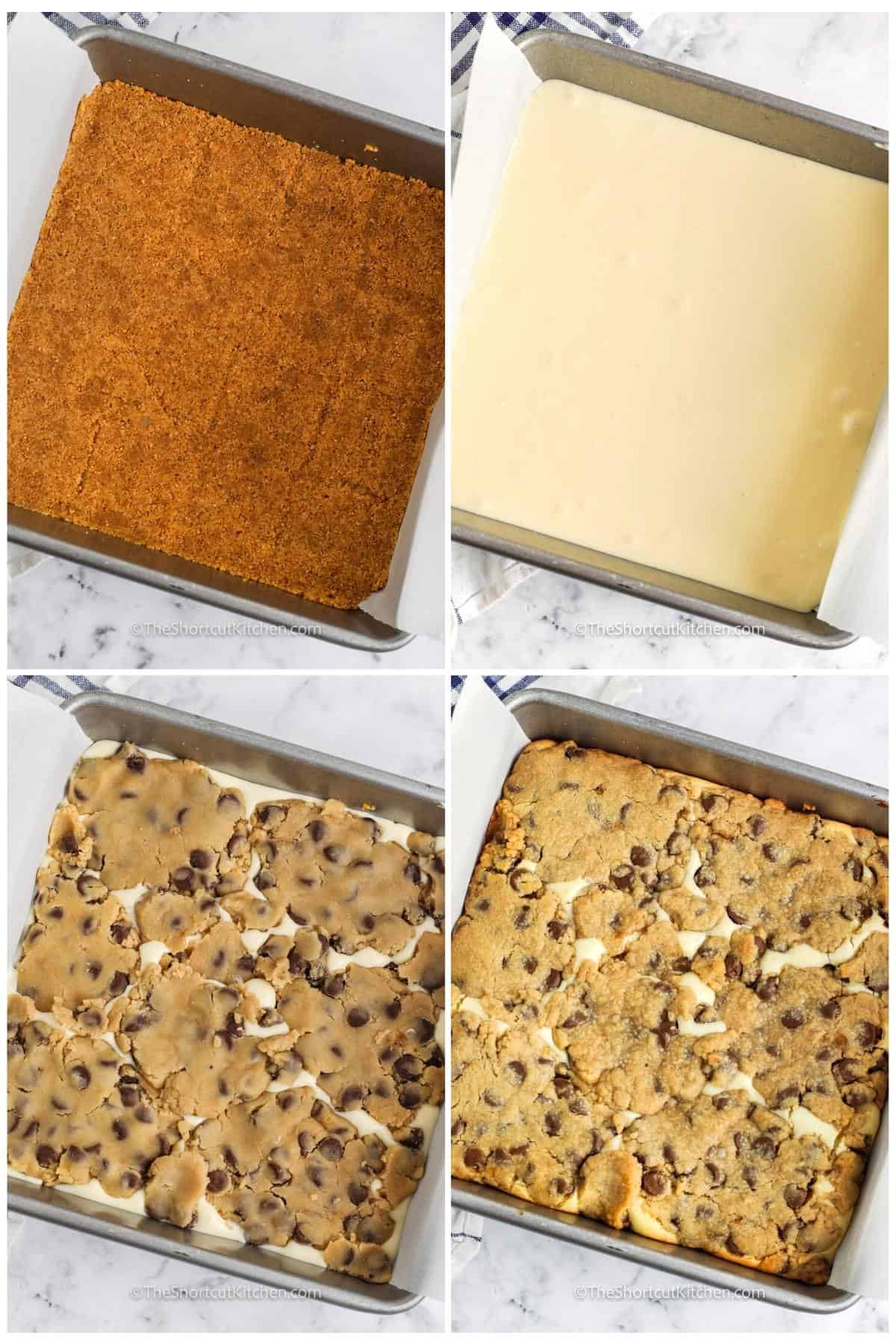 process of adding ingredients together to make Chocolate Chip Cheesecake Bars